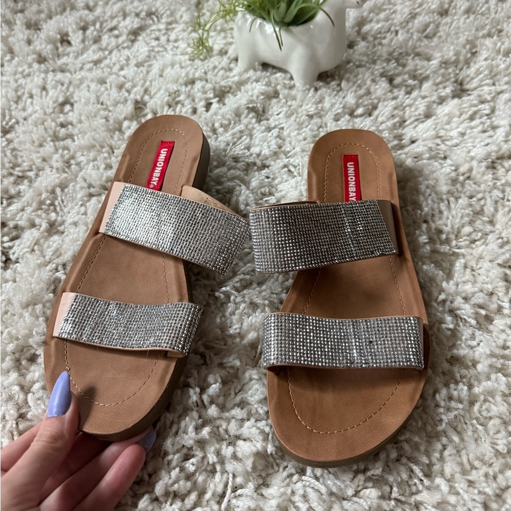 Silver and white union Bay bejeweled sandals with a touch of glamour